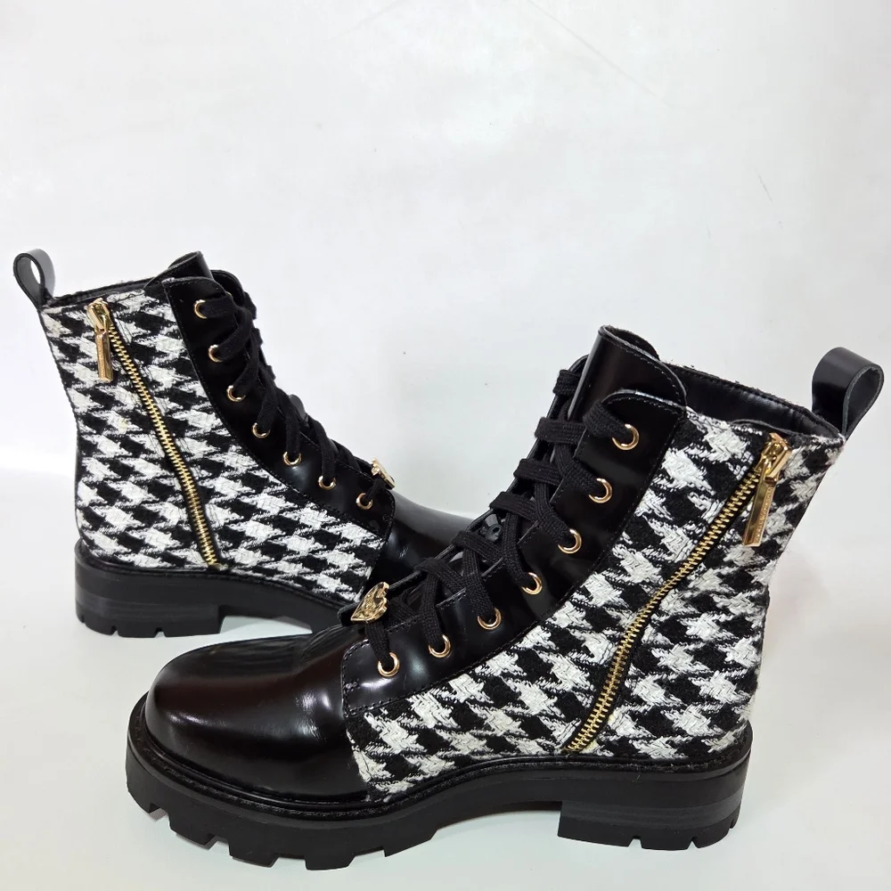 Karl Lagerfeld Paris Mela Everyday Patent Leather Houndstooth Combat Boot 7.5 - Picture 10 of 15